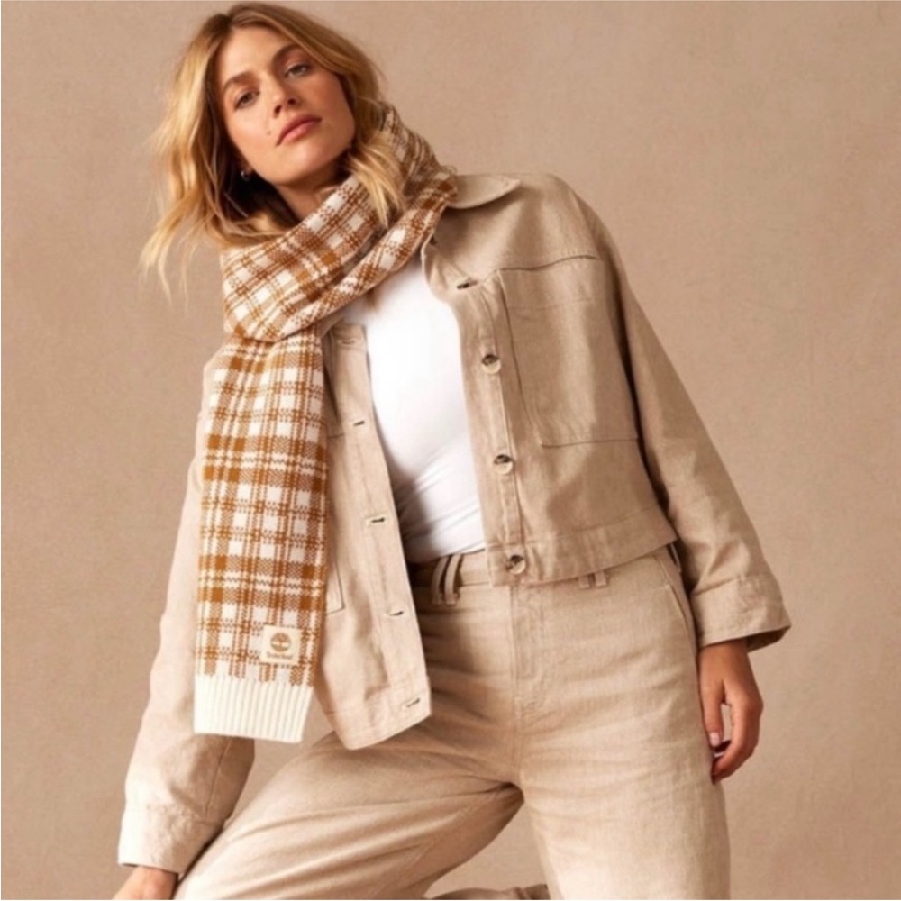 Timberland Tan & Cream Checkered Plaid Scarf NWOT
